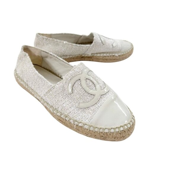 Chanel Tweed Sequin Logo Cap Toe Espadrilles Cream Size EU37 - Picture 7 of 16